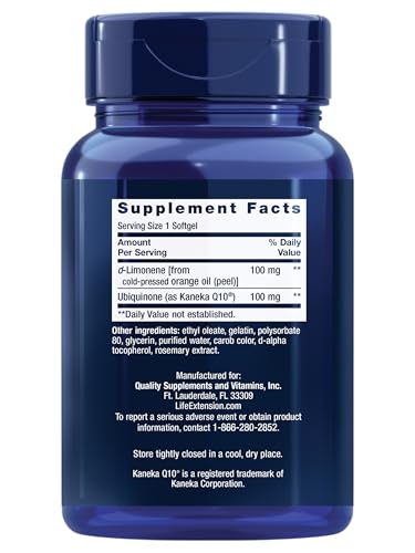 Life Extension CoQ10 (Ubiquinone) with d-Limonene – Heart Health, Fight General Fatigue, Better Absorption – Gluten-Free, Non-GMO – 60 Softgels