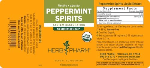 Herb Pharm Certified Organic Peppermint Spirits Liquid Extract Digestive Support Blend - 4 Ounce (DPEP04)