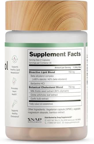 Snap Supplements Cholesterol Health - Artichoke, Milk Thistle, Garlic, and Berberine Supplement with Beta Sitosterol (95% Plant Sterols) for Digestive and Metabolic Support, 60 Capsules (30 Servings)