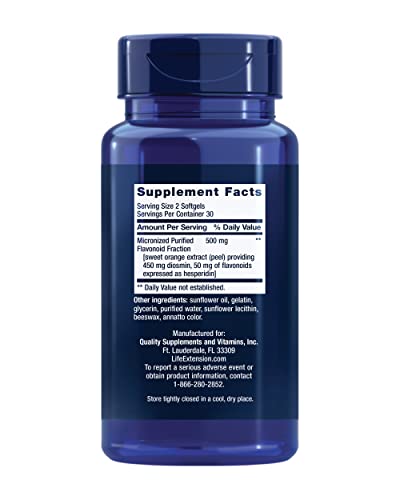 Life Extension Youthful Legs, Blood Flow, Vein Support, Circulation Supplement, Leg Health, Orange Peel Extract, diosmin, Gluten Free, Non-GMO, 60 softgels