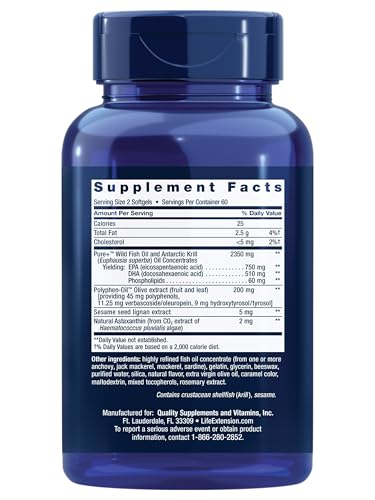 Life Extension Super Omega-3 (Fish Oil) Plus EPA/DHA With Sesame Lignans, Olive Extract, Krill and Astaxanthin (Packaging May Vary), Lemon, 120 Count