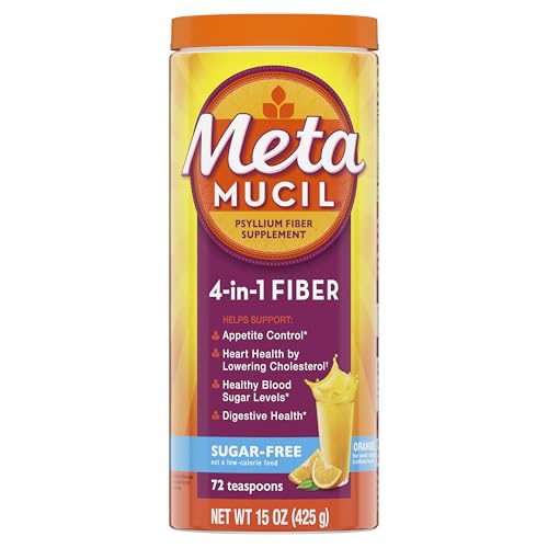 Metamucil 4-in-1 Psyllium Husk GLP-1 Friendly Fiber Supplement, Sugar-Free, 72 teaspoons, Orange Flavored, Daily Fiber Powder for Digestive Health, made with Plant-Based Psyllium Husk Fiber