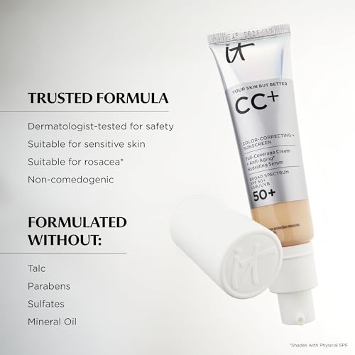 IT Cosmetics CC+ Cream (Medium) - Natural Full Coverage Foundation With SPF 50+, Color Corrector & Anti-Aging Hydrating Serum, Hyaluronic Acid + Peptides, Lightweight - 1.08 fl oz