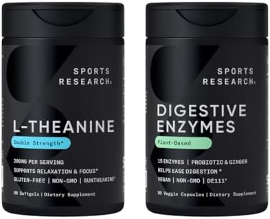 Sports Research® Double Strength L-Theanine Supplement Suntheanine Softgels for Focus, Relaxation & Alertness with Coconut Oil 60 Count and Digestive Enzymes + Probiotics & Ginger Plant Based 90 Count