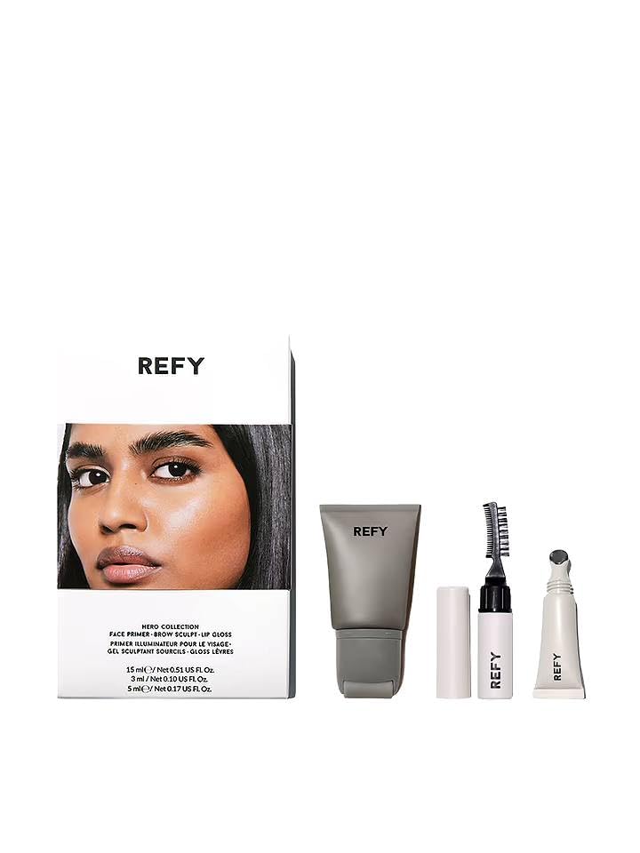 REFY Hero Collection (mini Glow & Sculpt Primer, Brow Sculpt, Clear Lip Gloss) + Premium Korean Blueberry Sheet Masque