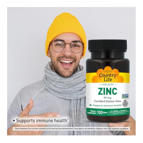 Country Life Chelated Zinc 50 mg - Certified Gluten-Free & Vegan Immune Support Supplement, Enhances Zinc Absorption, Supports Body’s Protein Production & Cellular Health, 100 Vegetarian Tablets