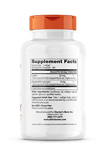 Doctor's Best Lutein, 20 mg, Supports Eye Health & Performance, Non-GMO, Gluten Free 180 Softgels