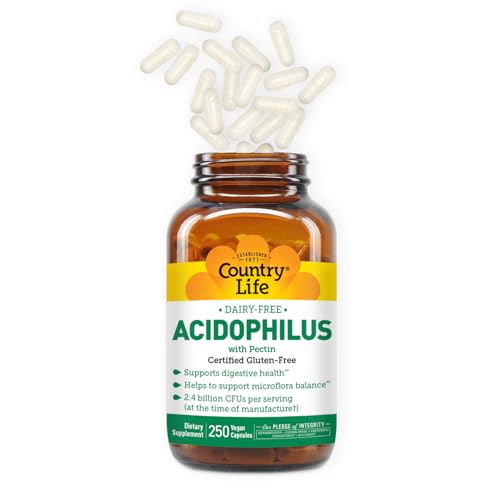 Country Life Acidophilus Probiotic Supplement for Women & Men - Free from Common Allergens - 2.4 Billion CFUs to Support Digestive Health - Dairy-Free, Non-GMO, 250 Vegan Capsules