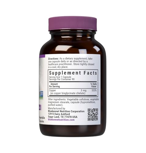 Bluebonnet Nutrition Albion Chelated Copper, 3 mg of Copper, For Nervous System & Immune Health*, Soy-Free, Gluten-Free, Non-GMO, Kosher Certified, Dairy-Free, Vegan, 90 Vegetable Capsule, 90 Servings