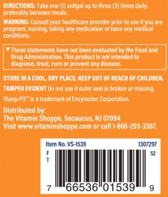 Phosphatidylserine Complex 500mg Softgel – Supports Healthy Brain Cognitive Function, Promotes Memory, Focus Brain Activity – 500mg of SharpPS™,Branded Ingredient (90 Softgels) by The Vitamin Shoppe