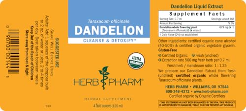 Herb Pharm Certified Organic Dandelion Liquid Extract for Cleansing and Detoxification, Organic Cane Alcohol, 4 Ounce