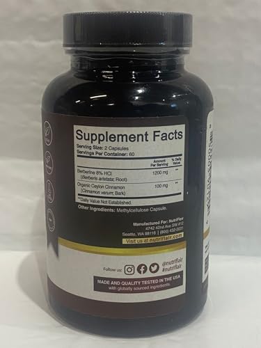 NutriFlair Premium Berberine HCL 1200mg, 120 Capsules - Plus Pure True Ceylon Cinnamon, Berberine HCI Root Supplements Pills - Immune System - yields an Optimal 8% HCl