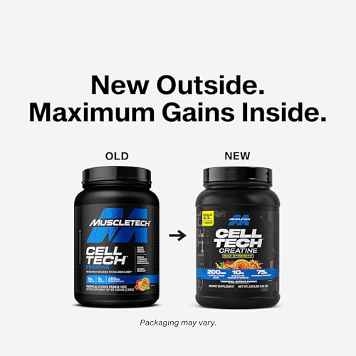 MuscleTech Creatine Monohydrate Powder Cell-Tech Creatine Powder Post Workout Recovery Drink Muscle Builder for Men & Women Musclebuilding Supplements Tropical Citrus Punch, 3 lbs (27 Serv)