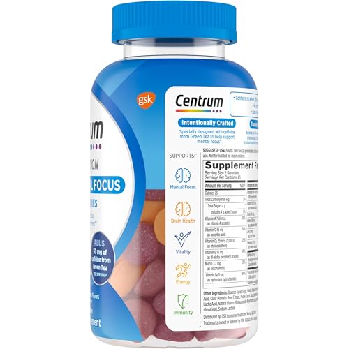 Centrum MultiGummies Multi+ Dual Action Mental Focus Adult Multivitamin with Caffeine from Green Tea, Supports Mental Focus, Attention and Alertness, Lemon/Orange Flavors - 90 Count