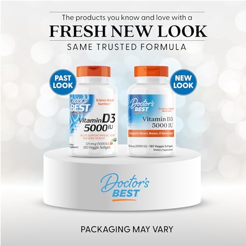 Doctors Best Vitamin D3 5000 IU, Supports Heart, Bones, & Immunity, Non-GMO, Gluten Free, Soy Free, Vegetarian 180 Veggie Softgels