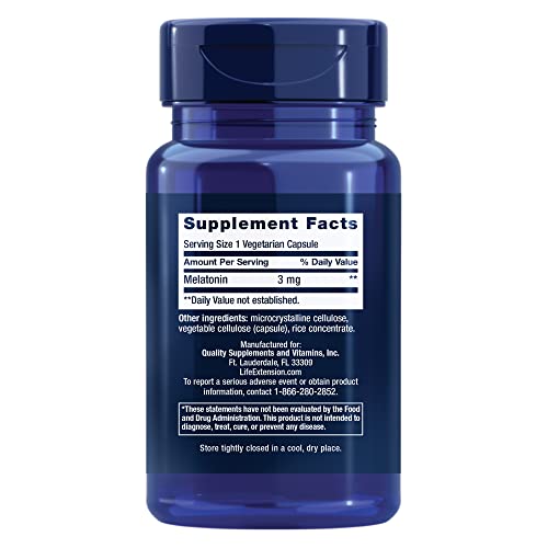 Life Extension Melatonin, 3 mg, Optimal Sleep Support, Healthy circadian Rhythms, Cellular Defense, Gluten-Free, Non-GMO, Vegetarian, 60 Capsules