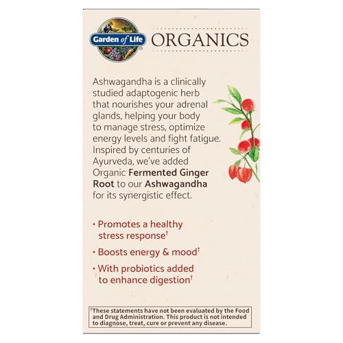 Garden of Life Organic Ashwagandha Supplement with Probiotics & Ginger - Stress, Mood & Energy Support, Vegan, Gluten Free, Non GMO, 2 Month Supply, 60 Tablets