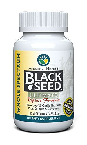Amazing Herbs Whole Spectrum Black Seed Ultimate, Vegetarian Capsules - Olive Leaf & Garlic Extracts Plus Ginger & Cayenne, Gluten Free, Non GMO, Vegan - 100 Count