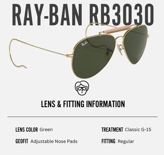 Ray-Ban RB3030 OUTDOORSMAN Pilot Shaped Non-Polarized Sunglasses for Men & Women – Includes Official RAYBAN Eyewear Kit – Ideal Formal & Casual Wear Sunglasses – G-15 Green Lens