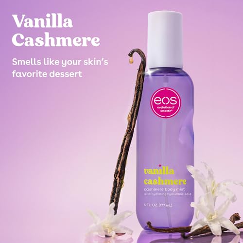 eos Cashmere Body Mist, Vanilla Cashmere, Soft Musk, Cozy Caramel, Hair Mist, Body Spray for Women Moisturizing, Hyaluronic Acid, Vanilla Body Spray, Vegan, Cruelty-free, 6 fl oz