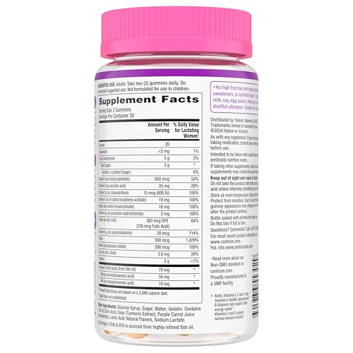 Centrum Postnatal Multivitamin Gummies with Biotin and DHA, Mixed Berry and Lemon Flavors - 60 Count, 30 Day Supply