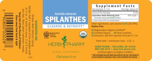 Herb Pharm Certified Organic Spilanthes Liquid Extract for Cleansing and Detoxification - 1 Ounce