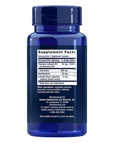 Life Extension Super Carnosine, L-carnosine, Luteolin, Vitamin B1, Muscle Support, Exercise Recovery, Heart Health, Gluten-Free, Non-GMO, Vegetarian, 60 Capsules