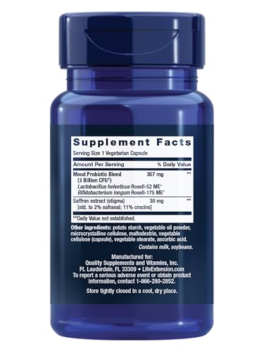 Life Extension FLORASSIST® Probiotic Mood Improve, probiotic and Saffron Blend enhances Mood and Mental Outlook, Non-GMO, Gluten-Free, 1 Daily, Vegetarian, 30 Capsules