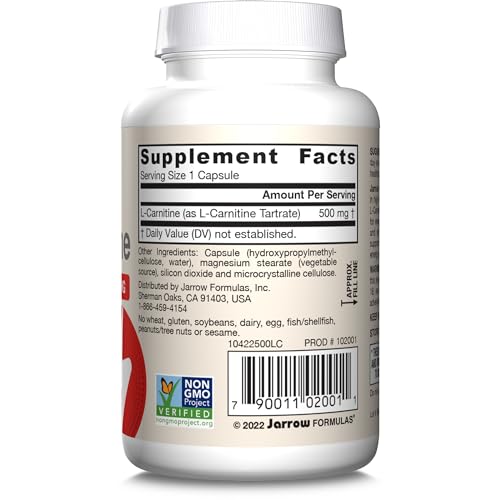 Jarrow Formulas® L-Carnitine 500 mg, Dietary Supplement, Support for Cellular Energy Production, 50 Veggie Capsules, 50 Day Supply