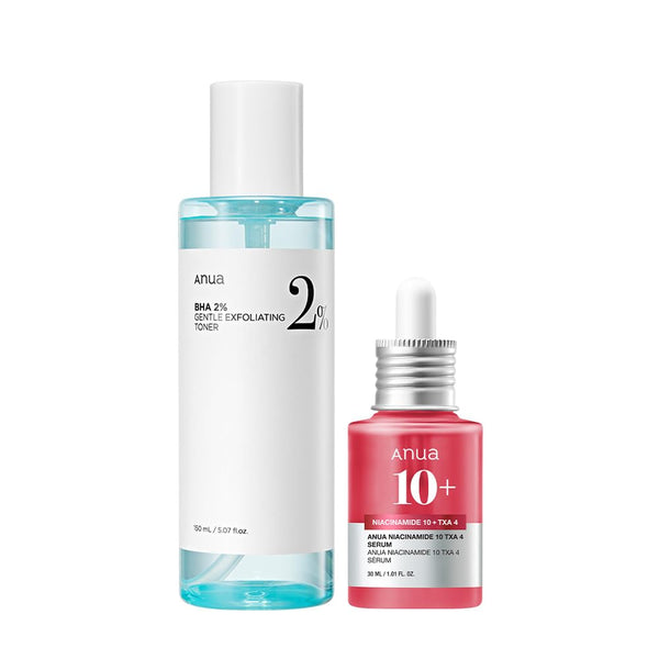 Anua 2% BHA + 10% Niacinamide Skin Booster Duo - 10% Niacinamide + 4% Tranexamic Acid Serum for Dull Skin, Gentle Exfoliating Toner, Salicylic Acid, for pore Control, Korean Skincare set