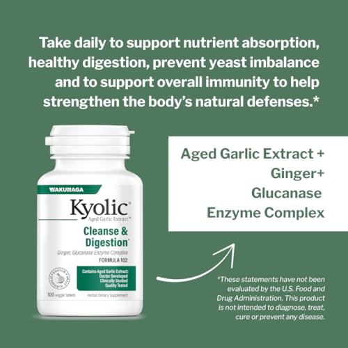 Kyolic Aged Garlic Extract Formula 102, Cleanse & Digestion*, Ginger and Enzyme Complex, 200 Capsules