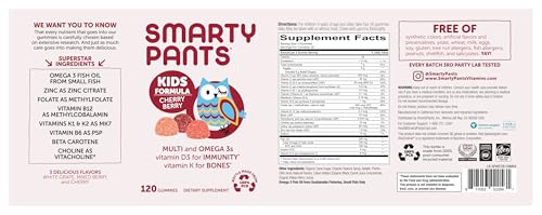 SmartyPants Kids Multivitamin Gummies: Omega 3 Fish Oil (EPA/DHA), Beta Carotene, Vitamin B12, B6, A, K & Zinc for Immune Support, Biotin, Grape, Cherry & Berry Flavors, 120 Count (30 Day Supply)
