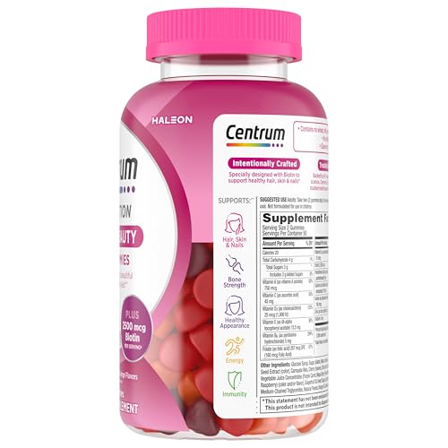 Centrum MultiGummies Multi+ Beauty Dual Action Multivitamin, Specially Designed with Biotin for Healthy Hair, Skin and Nails, Cherry/Berry/Orange Flavors - 100 Count