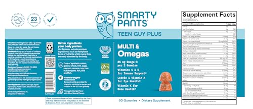 SmartyPants Teen Guy Multivitamin Gummies, Omega 3 (DHA/EPA), Vitamin D3, C, Vitamin B12, B6, A, K & Zinc, Folate, Gluten Free, Fruit Flavor, 60 Count (30 Day Supply)