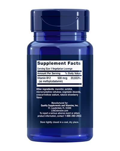 Life Extension Vitamin B12 Methylcobalamin 500mcg - Vitamin B12 Supplement for General Energy and Brain Health - SugarFree Vegetarian Lozenges Dissolve in Your Mouth/Once Daily - 100 Count (Pack of 2)