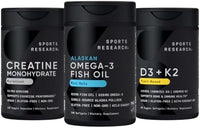 Thumbnail for Sports Research® Multivitamin Pack - Omega-3 Fish Oil Mini Gels 625mg + Vegan Vitamin D3 5000iu & Mk7 Vitamin K2 100mcg + Creatine Monohydrate Capsules