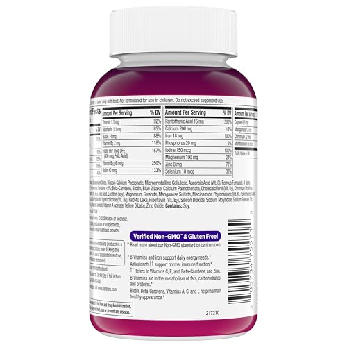 Centrum Multivitamin Tablet for Women, Multivitamin/Multimineral Supplement with Iron, Vitamin D3, B Vitamins and Antioxidant Vitamins C and E, Gluten Free, Non-GMO Ingredients - 200 Count