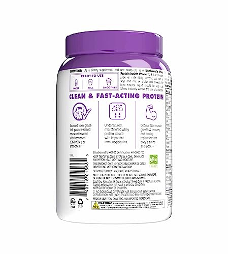 Bluebonnet Grass Fed Whey Protein Isolate 26 g Energy & Workout Recovery BCAA Amino Acids - Gluten-Free, Non-GMO, Soy-Free Vanilla Protein Powder for Women & Men - 14 Servings
