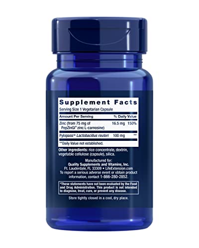 Life Extension Gastro-Ease™, zinc L-carnosine, Pylopass™ Lactobacillus reuteri probiotics, Digestion Supplement, Gut Health, Stomach Comfort, Gluten-Free, Non-GMO, Vegetarian, 60 Capsules