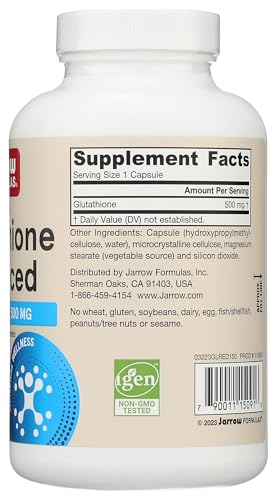 Buy Jarrow Formulas Glutathione Reduced 500 mg - 150 Veggie Capsules - Intracellular Antioxidant - Quality Glutathione Supplements - Supports Recycling of Vitamins C & E - Non-GMO - Gluten Free - Vegan Online