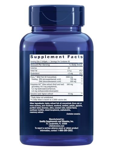 Life Extension Super Omega-3 EPA/DHA Fish Oil, Sesame Lignans & Olive Extract – Cognitive Health, Cholesterol Health Support, Gluten-Free, Non-GMO, 120 Softgels