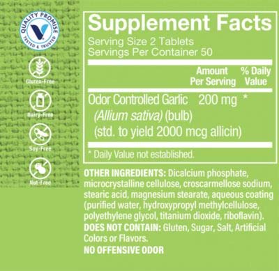 The Vitamin Shoppe Odor Free Garlic 200MG, Herbal Supplement That Supports Cardiovascular Health, Coated Tablets of Natural Fresh, Raw Garlic with Allicin, Easy to Swallow (100 Tablets)
