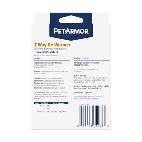 PetArmor 7 Way De-Wormer for Dogs, Oral Treatment of Tapeworm, Roundworm & Hookworm, Dewormer for Puppies & Small Dogs (6-25 lbs), Worm Remover (Praziquantel & Pyrantel Pamoate), 2 Flavored Chewables