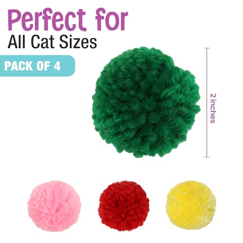 SPOT Wool Pom Poms Cat Toy - Interactive Wool Balls Cat Toy with Catnip for Cats and Kittens to Bite, Swat and Chase - 1.5 inch, 4 pcs