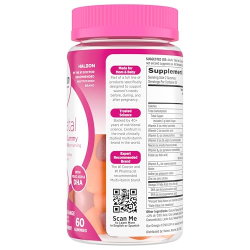 Centrum Prenatal Multivitamin Gummies with DHA and Folic Acid, Mixed Berry and Orange Flavors - 60 Count, 30 Day Supply