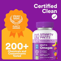 Thumbnail for SmartyPants Toddler Multivitamin Gummies, Omega 3 (DHA/EPA), Vitamins D3, C, Vitamin B12, B6, A, K & Zinc, Biotin, Gluten Free, Three Fruit Flavors, 60 Count (30 Day Supply)