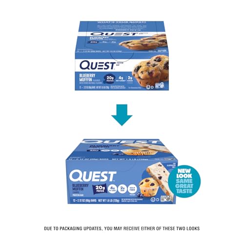Quest Nutrition Blueberry Muffin Protein Bars, 20g Protein, 2g Sugar, 5g Net Carb, High Fiber, Gluten Free, Keto Friendly, 12 Count