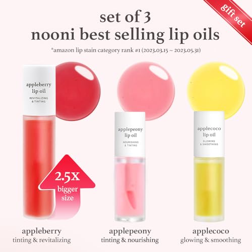 NOONI Korean Vegan Appleseed Lip Oil Gift Set - Limited Edition | Long-Lasting, Moisturizing, Plumping, Revitalizing for Dry Lips, Waterproof, No Peel Off, Hydrating, 0.12 Oz x 3ea