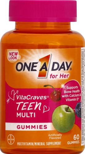ONE A DAY Teen for Her Multivitamin Gummies, Gummy Multivitamins with Vitamin A, C, D, E and Zinc for Immune Health Support, Physical Energy & More, 60 Count (Pack of 2)