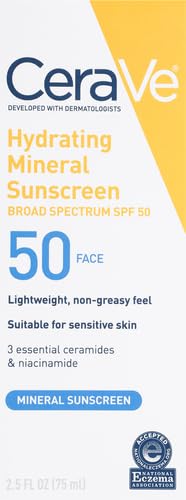 Thumbnail for CeraVe 100% Mineral Sunscreen SPF 50, Face sunscreen With Zinc Oxide & Titanium Dioxide, Hyaluronic Acid + Niacinamide + Ceramides, Oil Free, Travel Size 2.5 oz
